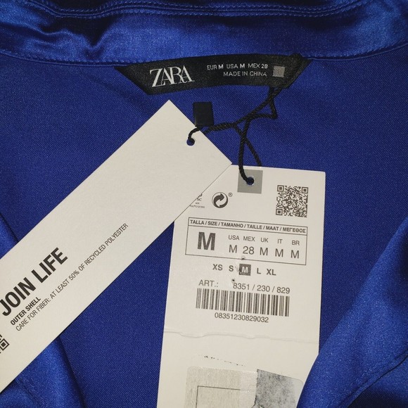 NWT Zara Sz M Satin Effect Blue Mini Dress Tie Front Long Sleeve Collared Deep V - Picture 11 of 15